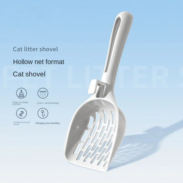 The KittyNook Cat Co. Curved Cat Litter Shovel features a hollow net for odor-free cleaning against a light blue backdrop.